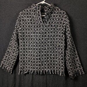 Zara Boucle Tweed Sweater Top Fringe Womens S Black White Academia Quiet Luxury